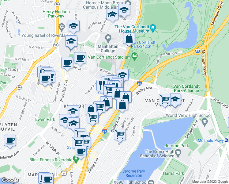 map of restaurants, bars, coffee shops, grocery stores, and more near 232 West 238th Street in The Bronx