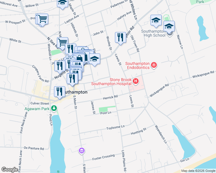 map of restaurants, bars, coffee shops, grocery stores, and more near 127 Meeting House Lane in Southampton