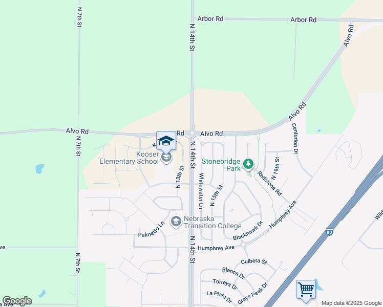 map of restaurants, bars, coffee shops, grocery stores, and more near 7301 North 14th Street in Lincoln