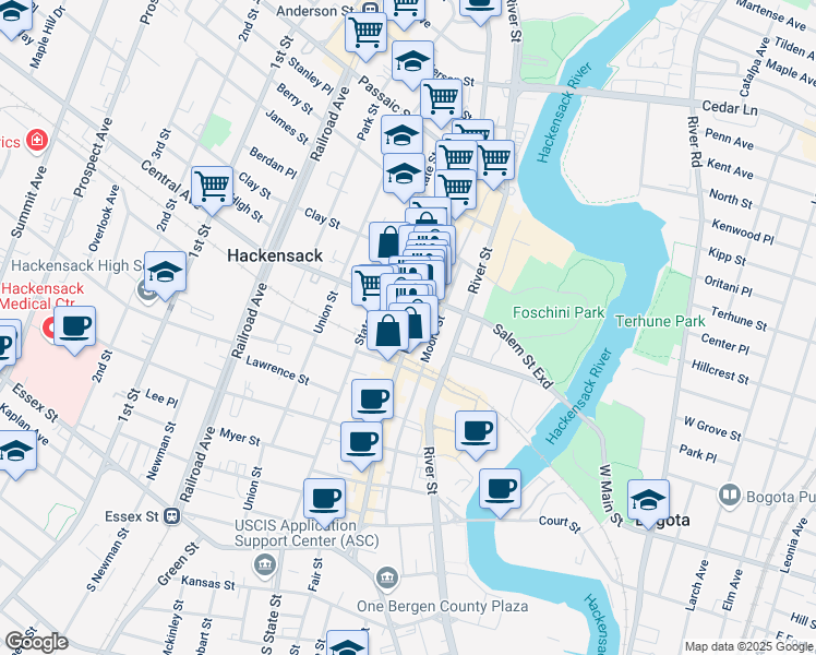 map of restaurants, bars, coffee shops, grocery stores, and more near in Hackensack