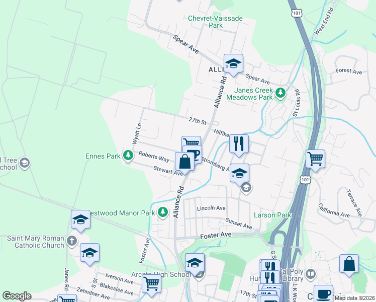 map of restaurants, bars, coffee shops, grocery stores, and more near 1650 Stromberg Avenue in Arcata