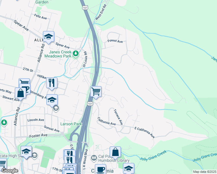 map of restaurants, bars, coffee shops, grocery stores, and more near 512 Ridge Road in Arcata