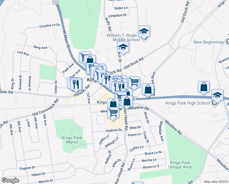 map of restaurants, bars, coffee shops, grocery stores, and more near 27 New York 25A in Smithtown