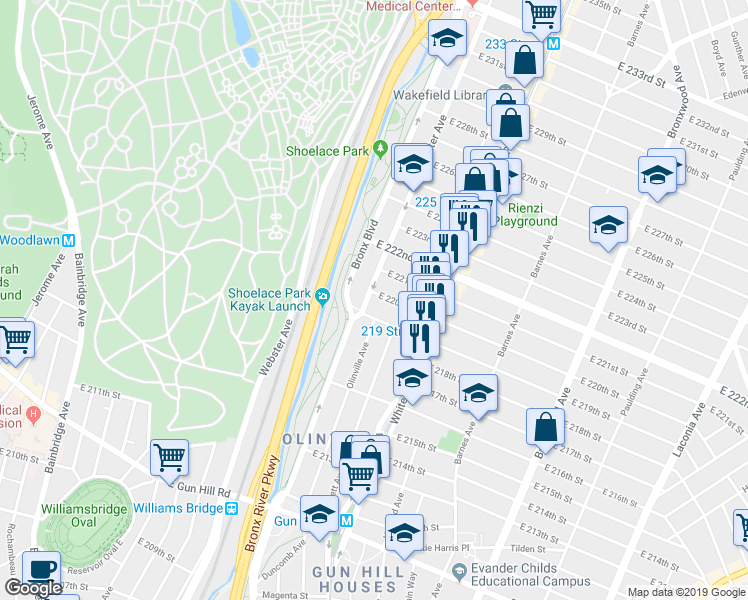 map of restaurants, bars, coffee shops, grocery stores, and more near 634 East 221st Street in Bronx