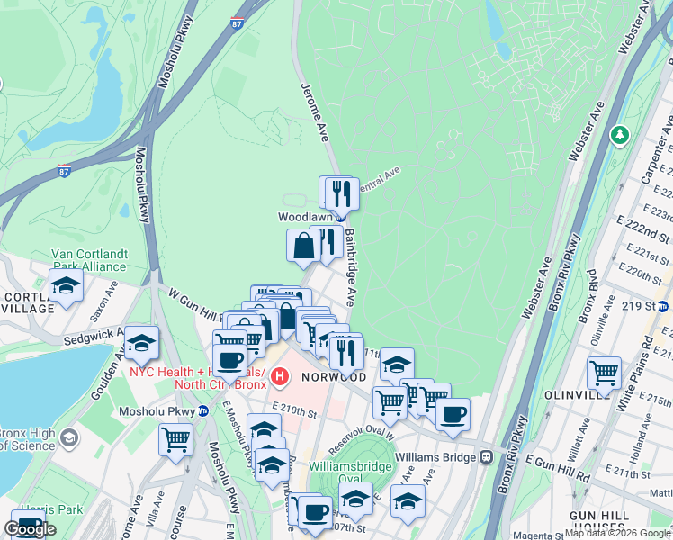 map of restaurants, bars, coffee shops, grocery stores, and more near 3617 Bainbridge Avenue in The Bronx