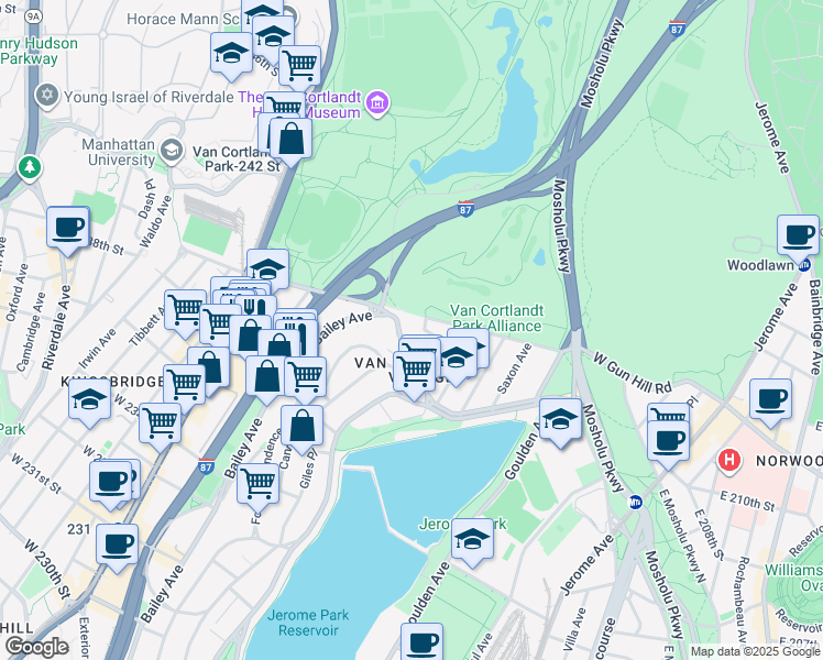 map of restaurants, bars, coffee shops, grocery stores, and more near 130 Van Cortlandt Park South in Bronx