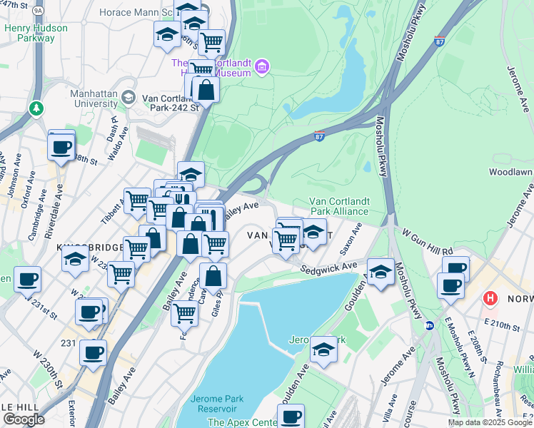 map of restaurants, bars, coffee shops, grocery stores, and more near in Bronx