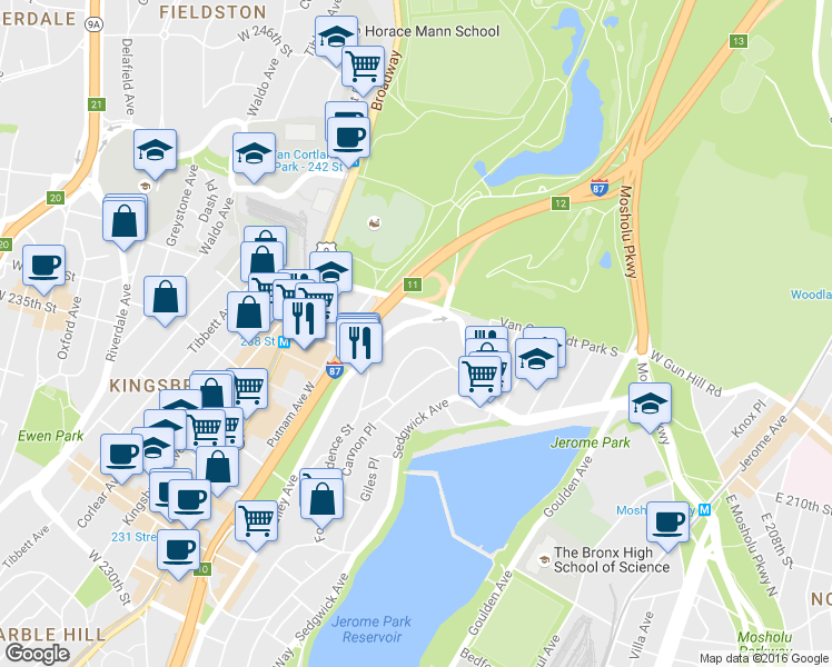 map of restaurants, bars, coffee shops, grocery stores, and more near 3865 Bailey Avenue in Bronx