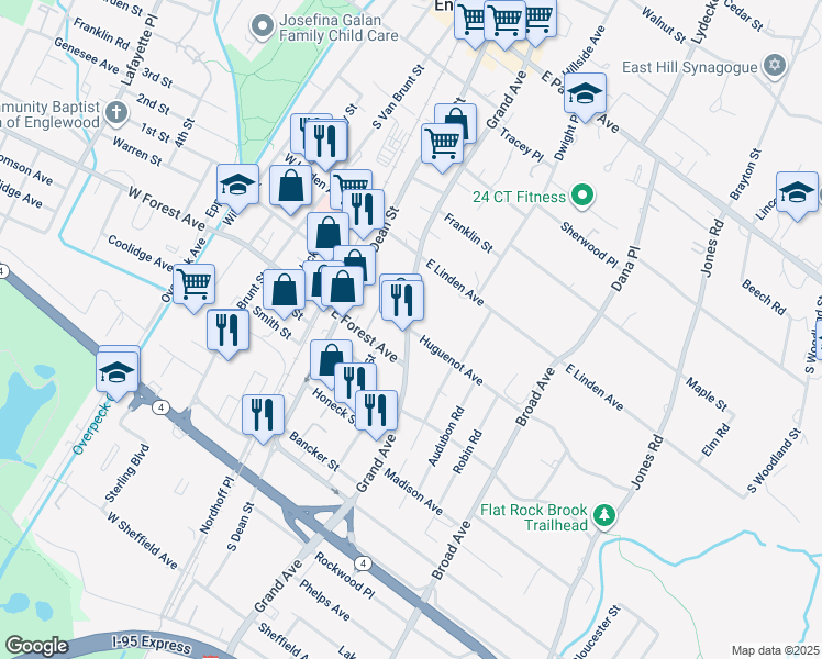 map of restaurants, bars, coffee shops, grocery stores, and more near 225 Grand Avenue in Englewood