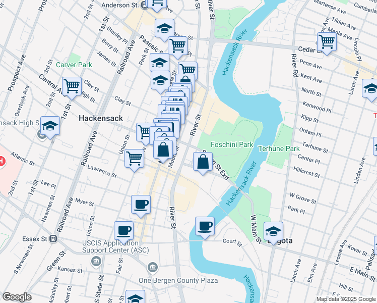 map of restaurants, bars, coffee shops, grocery stores, and more near 242 River Street in Hackensack