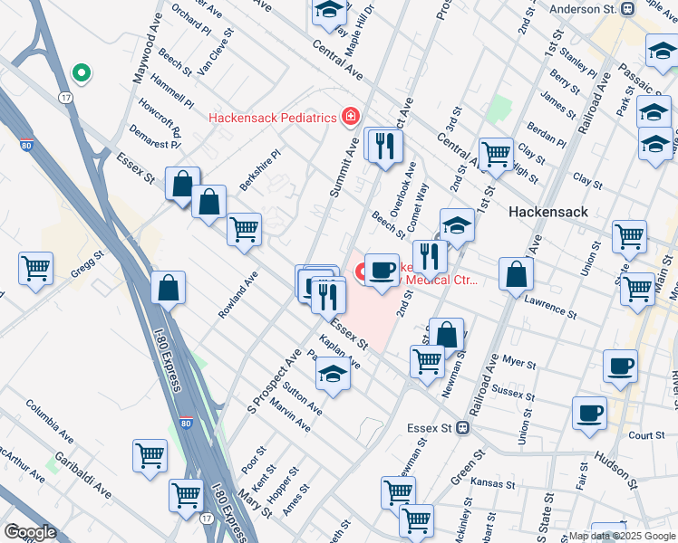 map of restaurants, bars, coffee shops, grocery stores, and more near 33-65 Prospect Avenue in Hackensack