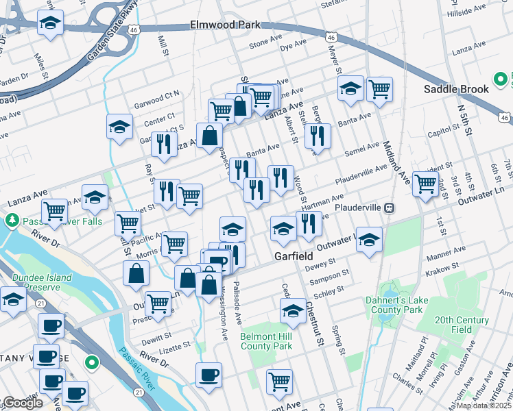 map of restaurants, bars, coffee shops, grocery stores, and more near 27 Plauderville Avenue in Garfield
