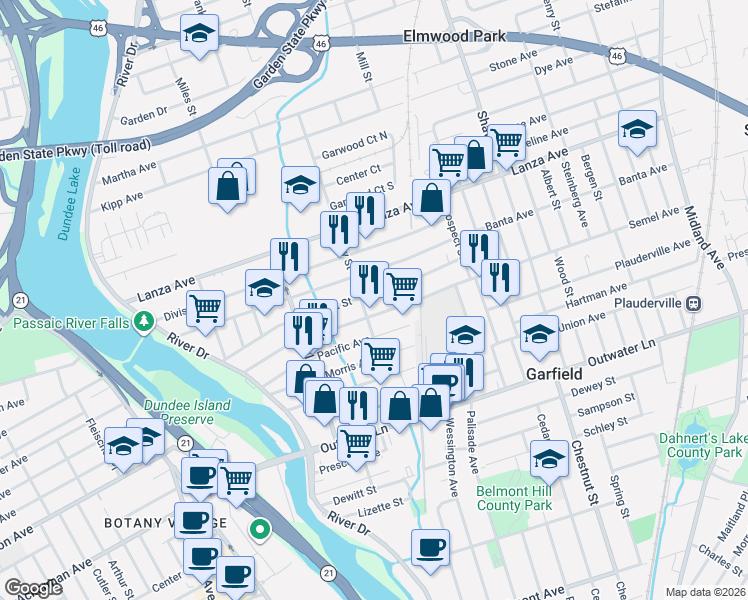 map of restaurants, bars, coffee shops, grocery stores, and more near 143 Market Street in Garfield