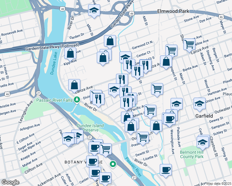 map of restaurants, bars, coffee shops, grocery stores, and more near 117 Division Avenue in Garfield
