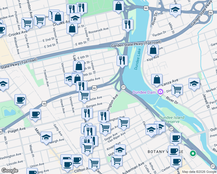 map of restaurants, bars, coffee shops, grocery stores, and more near 1 Nash Avenue in Clifton