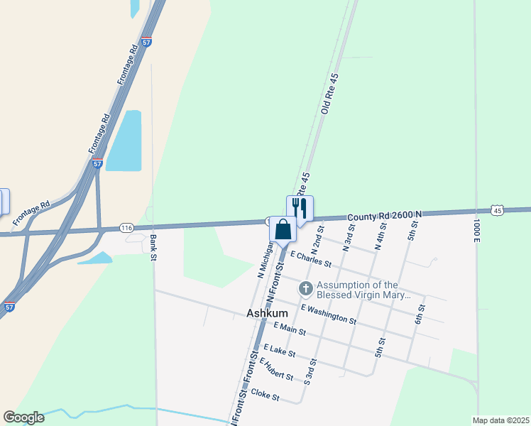 map of restaurants, bars, coffee shops, grocery stores, and more near 940 Illinois 116 in Ashkum