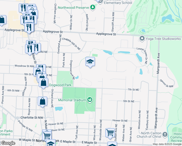 map of restaurants, bars, coffee shops, grocery stores, and more near 525 7th Street Northeast in North Canton
