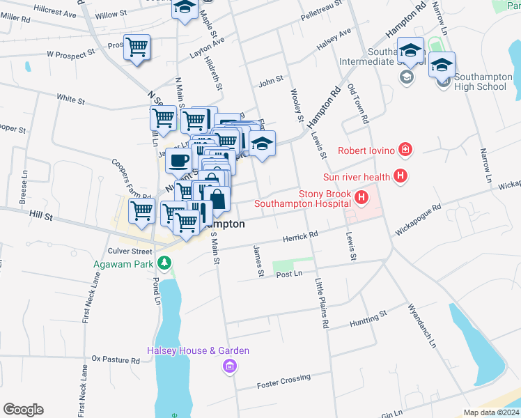 map of restaurants, bars, coffee shops, grocery stores, and more near 89 Pine Street in Southampton