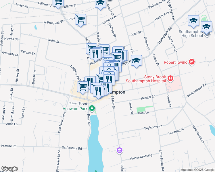 map of restaurants, bars, coffee shops, grocery stores, and more near 27 Main Street in Southampton