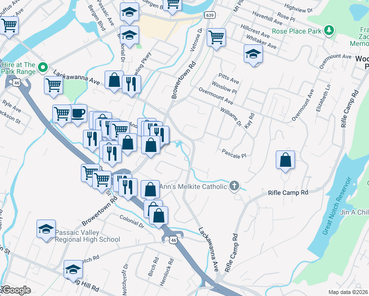 map of restaurants, bars, coffee shops, grocery stores, and more near 54 Mill Pond Road in Woodland Park