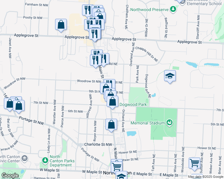 map of restaurants, bars, coffee shops, grocery stores, and more near 932 North Main Street in North Canton