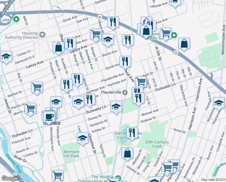 map of restaurants, bars, coffee shops, grocery stores, and more near 2 Jacob Street in Garfield