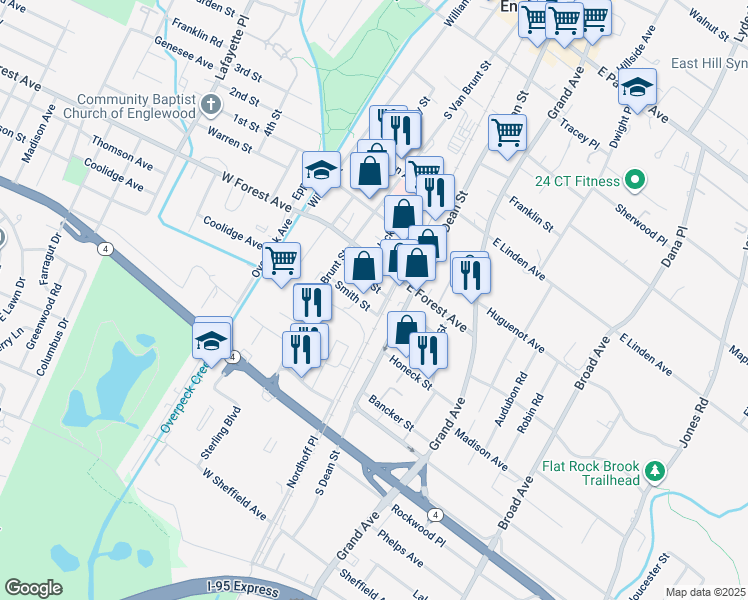 map of restaurants, bars, coffee shops, grocery stores, and more near 34 West Forest Avenue in Englewood