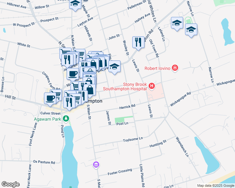 map of restaurants, bars, coffee shops, grocery stores, and more near 109 Meeting House Lane in Southampton