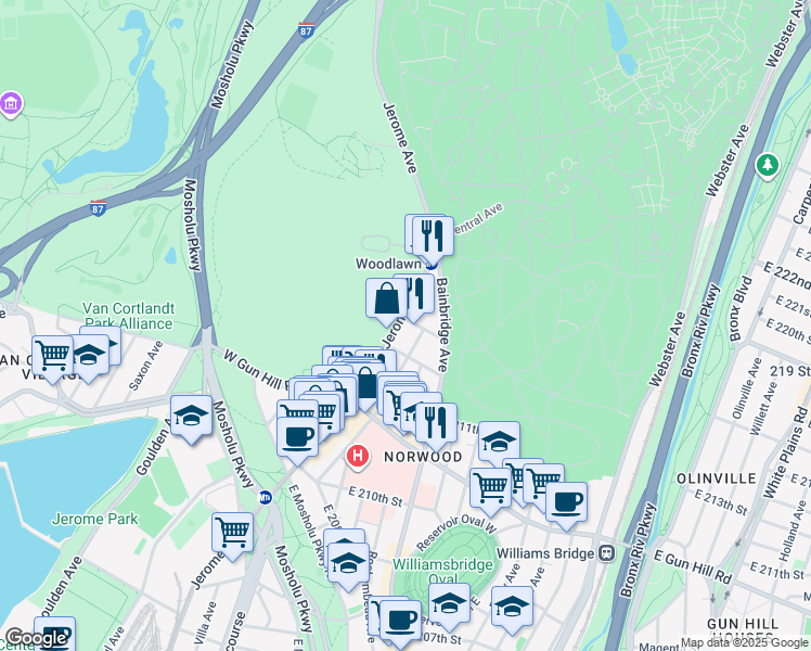 map of restaurants, bars, coffee shops, grocery stores, and more near 3598 Jerome Avenue in Bronx