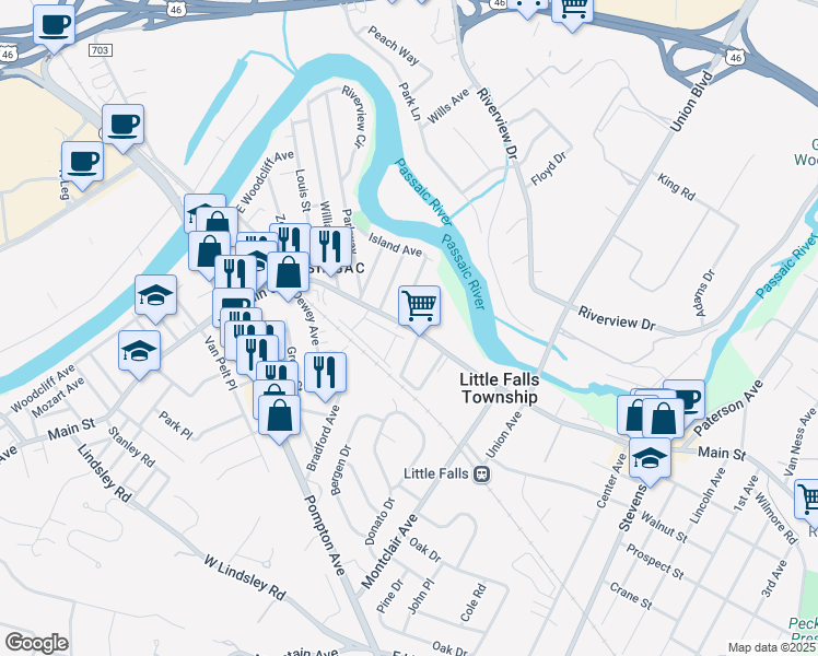 map of restaurants, bars, coffee shops, grocery stores, and more near Main Street in Little Falls
