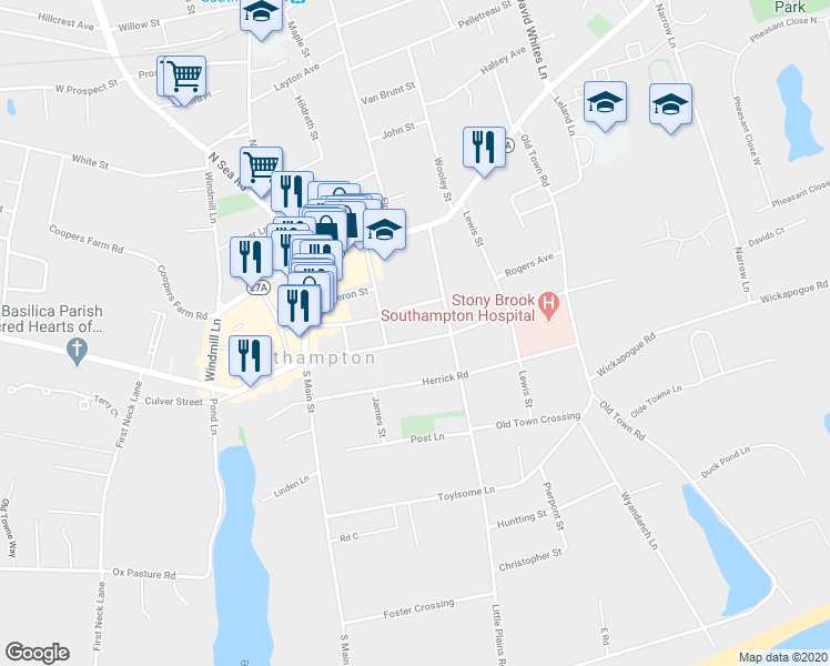 map of restaurants, bars, coffee shops, grocery stores, and more near 115 Meeting House Lane in Southampton