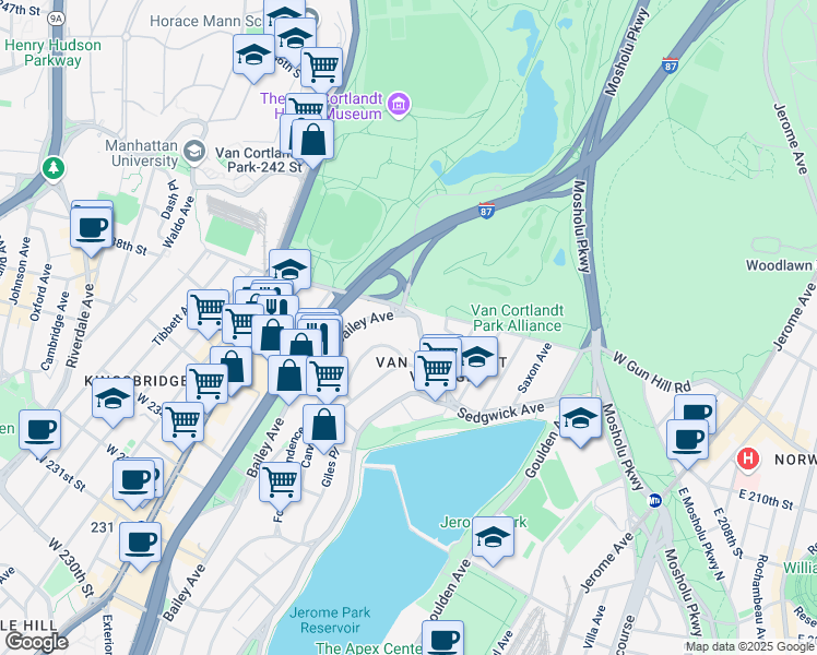 map of restaurants, bars, coffee shops, grocery stores, and more near 140 Van Cortlandt Avenue West in Bronx