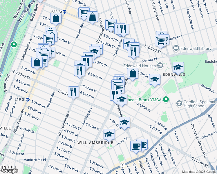 map of restaurants, bars, coffee shops, grocery stores, and more near 1014 East 226th Street in Bronx