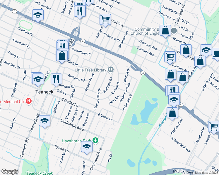 map of restaurants, bars, coffee shops, grocery stores, and more near 223 Lakeview Terrace in Teaneck