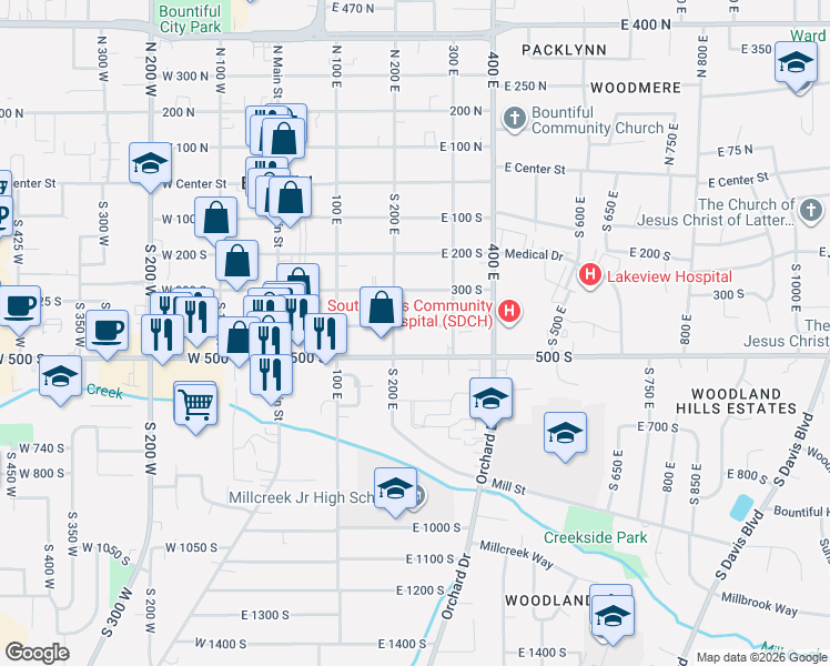 map of restaurants, bars, coffee shops, grocery stores, and more near 373 South 200 East in Bountiful
