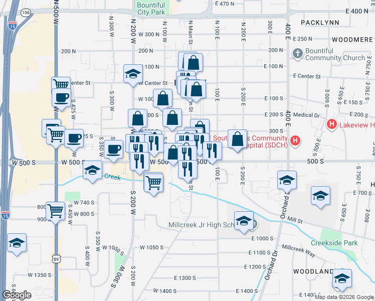 map of restaurants, bars, coffee shops, grocery stores, and more near 385 South Main Street in Bountiful
