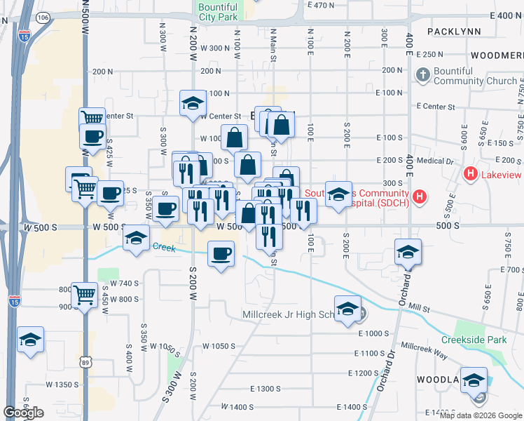 map of restaurants, bars, coffee shops, grocery stores, and more near 52 400 South in Bountiful