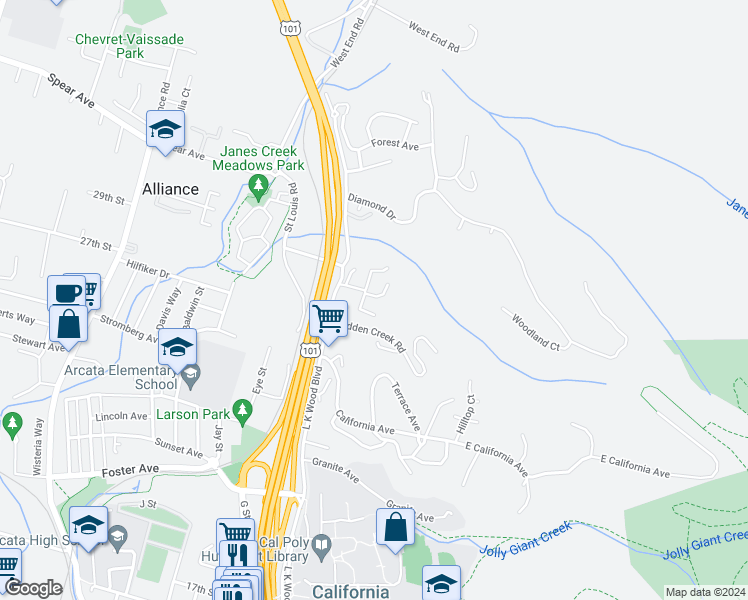 map of restaurants, bars, coffee shops, grocery stores, and more near 512 Ridge Road in Arcata