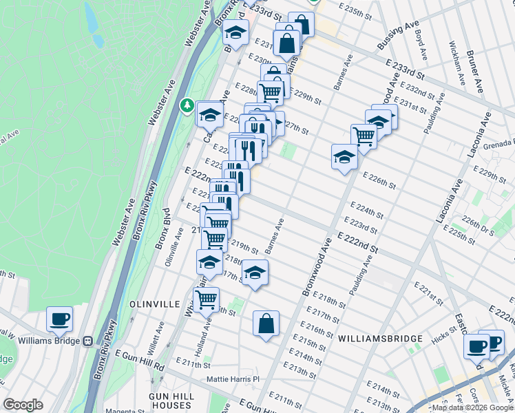 map of restaurants, bars, coffee shops, grocery stores, and more near 745 East 222nd Street in Bronx