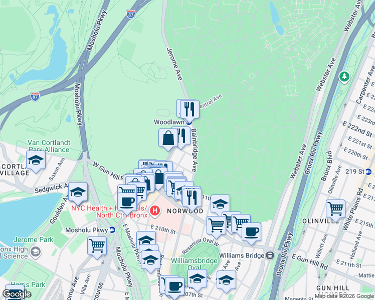 map of restaurants, bars, coffee shops, grocery stores, and more near 3617 Bainbridge Avenue in The Bronx