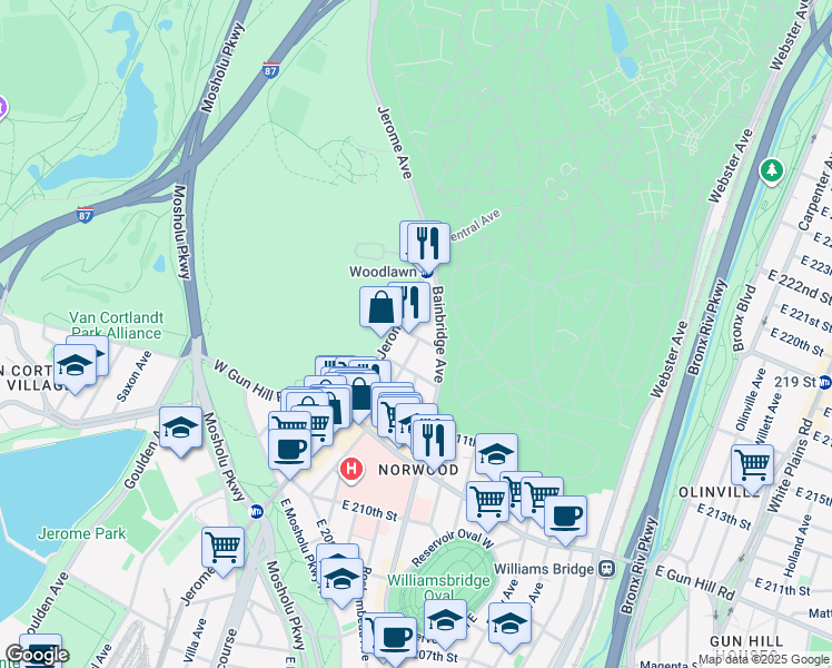 map of restaurants, bars, coffee shops, grocery stores, and more near 3617 Bainbridge Avenue in Bronx