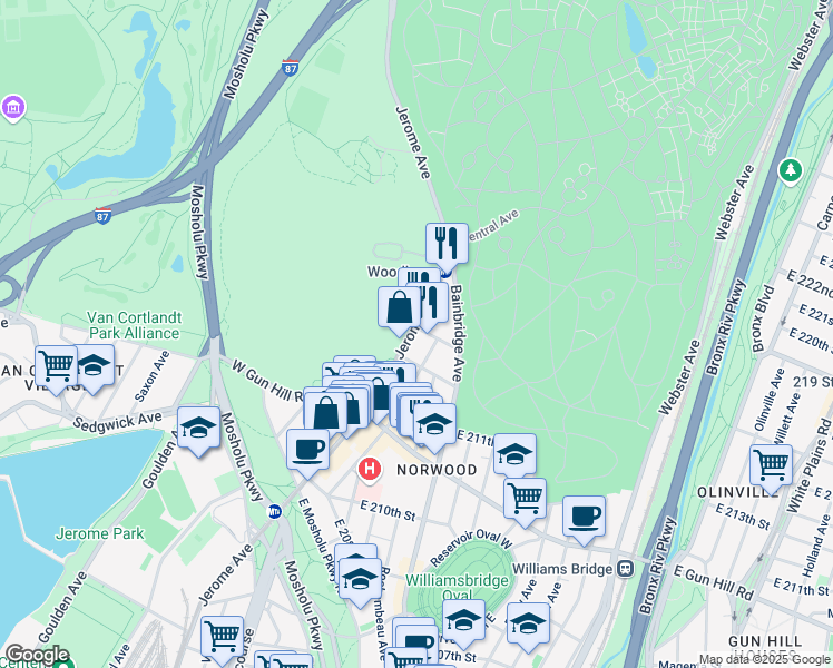 map of restaurants, bars, coffee shops, grocery stores, and more near 3598 Jerome Avenue in Bronx