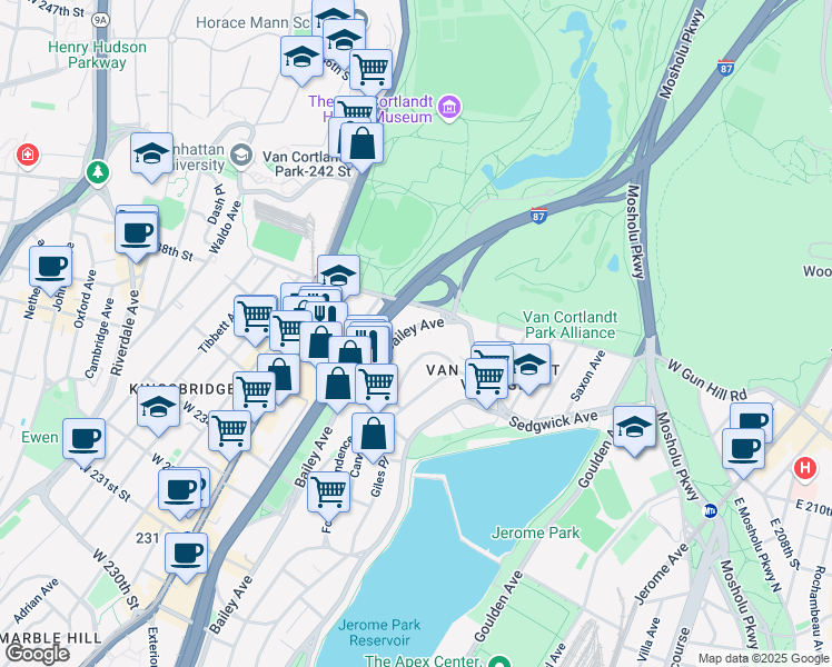 map of restaurants, bars, coffee shops, grocery stores, and more near 3865 Bailey Avenue in Bronx