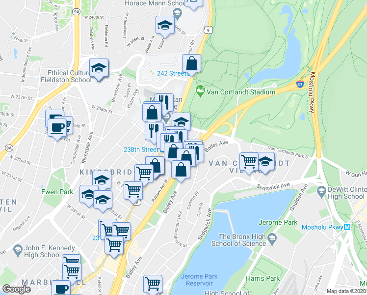 map of restaurants, bars, coffee shops, grocery stores, and more near 3816 Review Place in Bronx