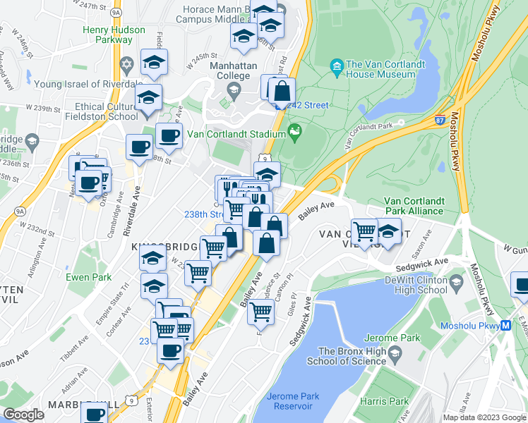 map of restaurants, bars, coffee shops, grocery stores, and more near 3816 Review Place in Bronx
