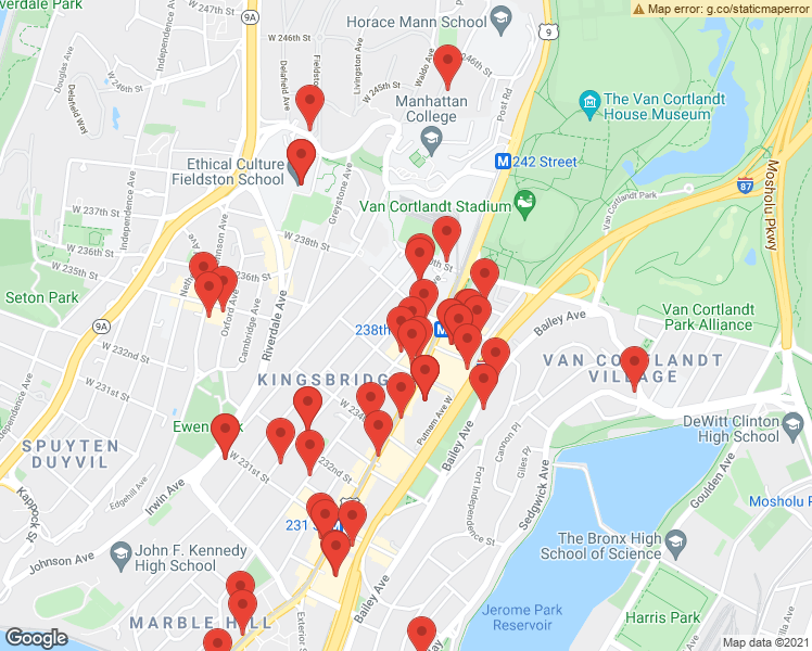 map of restaurants, bars, coffee shops, grocery stores, and more near 276 West 238th Street in Bronx