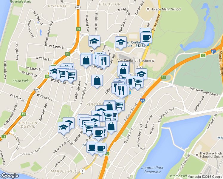 map of restaurants, bars, coffee shops, grocery stores, and more near 3631 Tibbett Avenue in Bronx