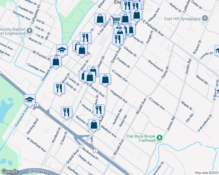 map of restaurants, bars, coffee shops, grocery stores, and more near 225 Grand Avenue in Englewood