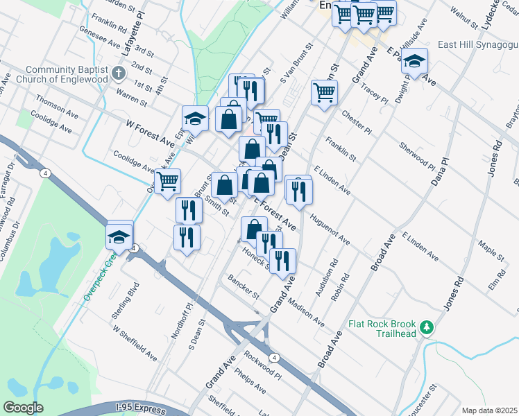 map of restaurants, bars, coffee shops, grocery stores, and more near 267 South Dean Street in Englewood