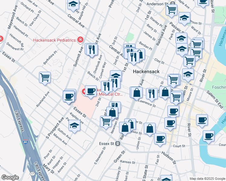 map of restaurants, bars, coffee shops, grocery stores, and more near 135 1st Street in Hackensack